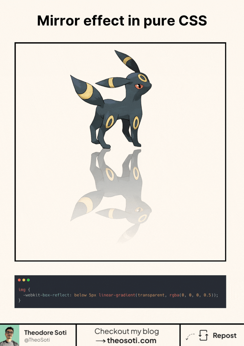 Image with a mirror reflection effect created using CSS -webkit-box-reflect and a fading gradient.