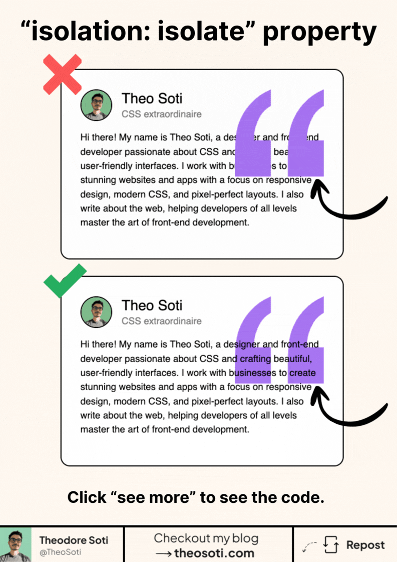 Illustration comparing a card without isolation isolate and a card with isolation isolate, showing decorative quote marks staying inside the component.