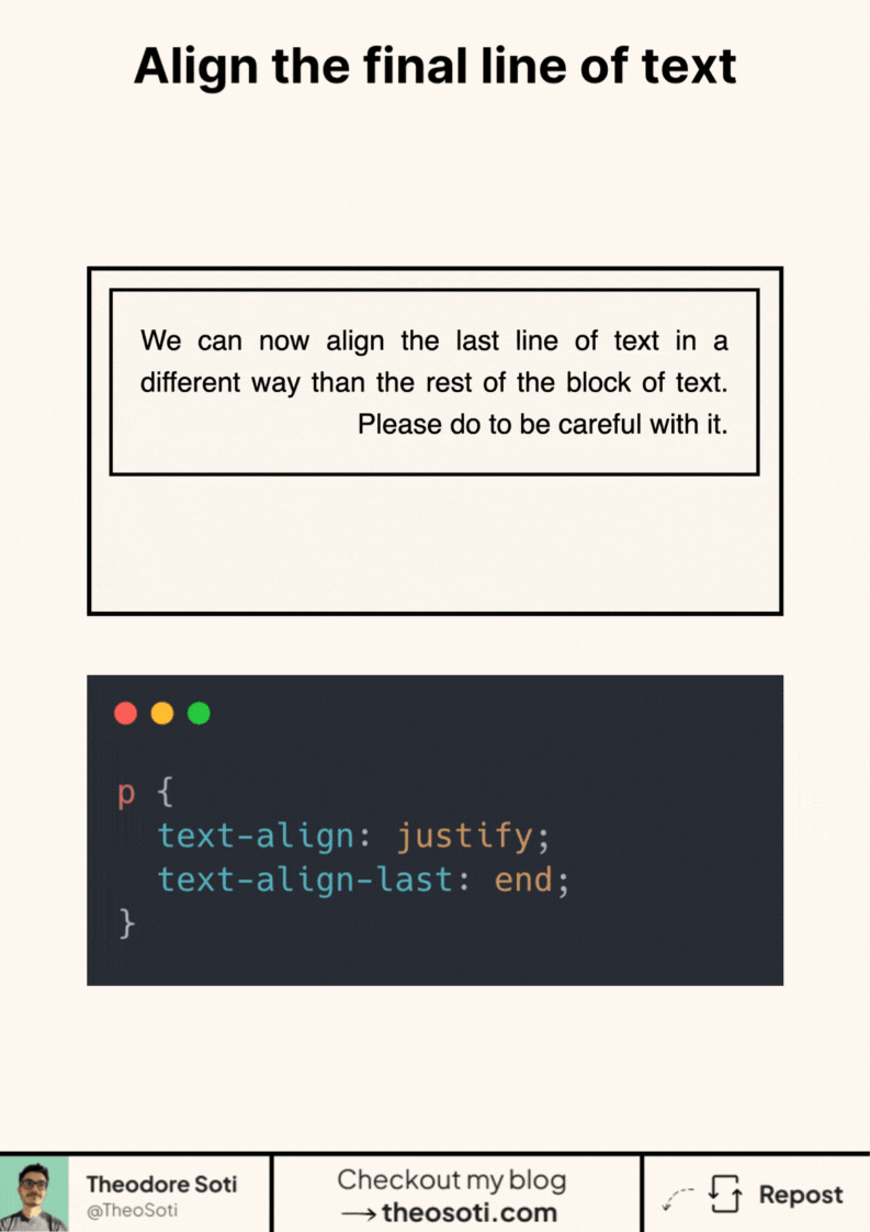 Example showing justified paragraph with the last line aligned to the end using text-align-last in CSS