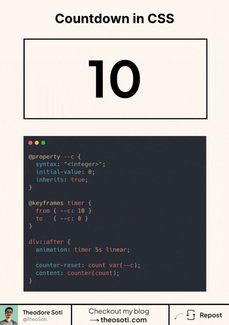 Animated CSS-only countdown timer counting from 10 to 0 without JavaScript