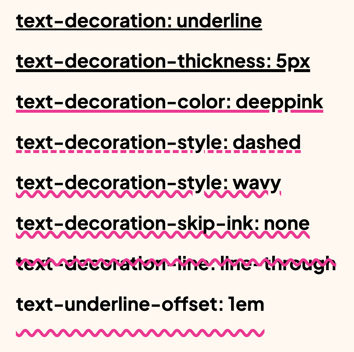 Example of advanced CSS underline styles with varying color, thickness, and position