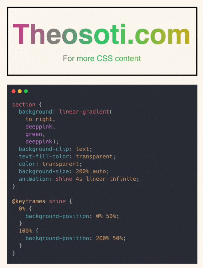 Animated gradient text using CSS with background-clip and keyframe motion for a shimmering effect