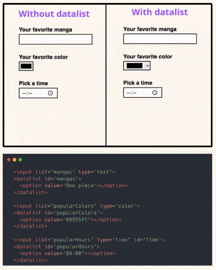 HTML form input paired with a <datalist> showing autocomplete suggestions as the user types