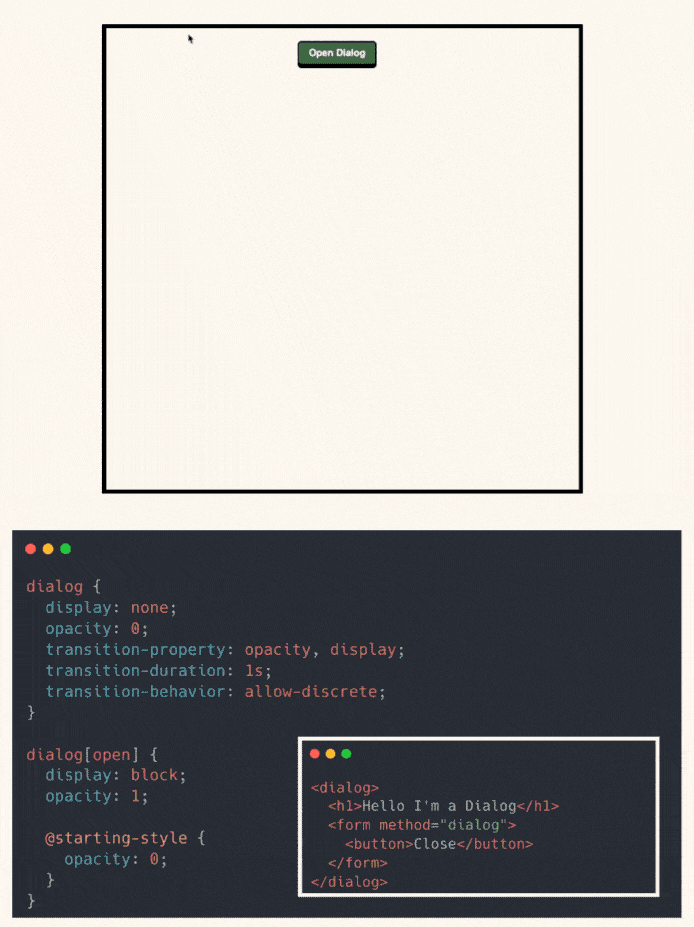 UI example of a styled native HTML <dialog> element with backdrop and transition effects