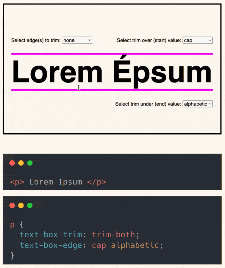 Trimmed text box example using text-box-trim and text-box-edge for precise vertical alignment in UI