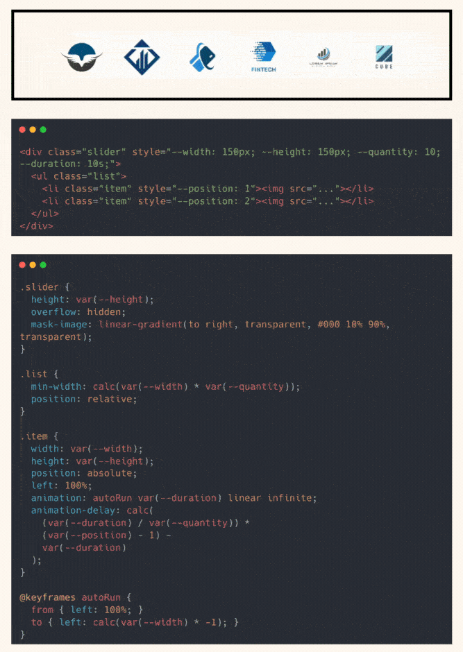 CSS-powered autoplay logo carousel with smooth sliding animation, focusable logos, and no JavaScript involved