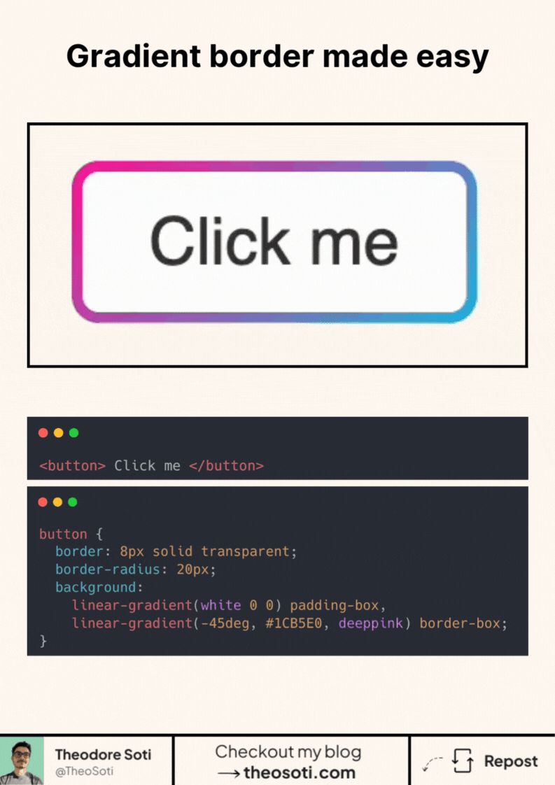 CSS element with an animated gradient border created using border-box, padding-box, and custom properties
