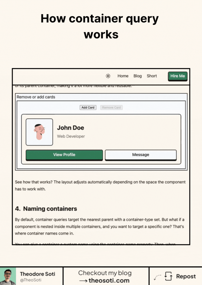 Shows responsive layout using CSS container queries based on parent element size