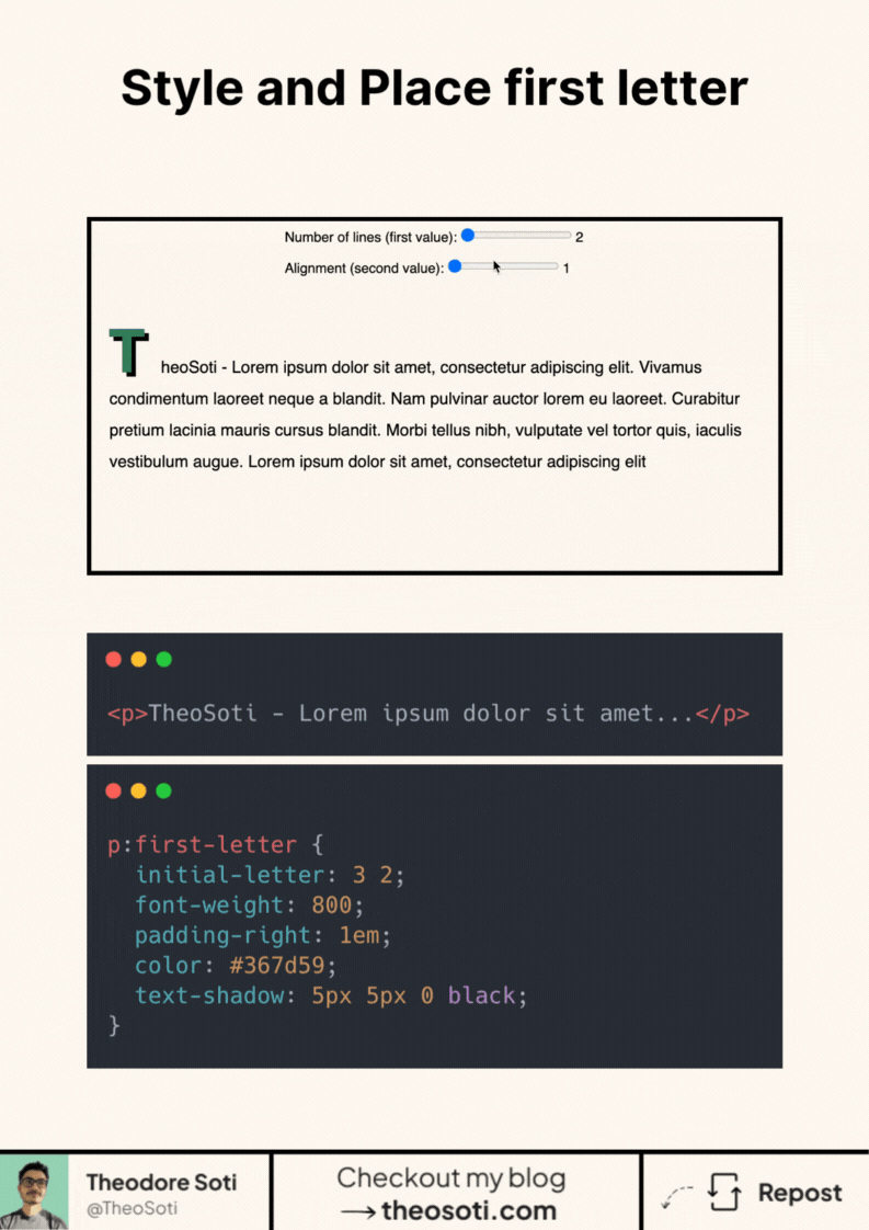 Example of a styled drop cap using CSS :first-letter and initial-letter properties for a magazine-style paragraph intro
