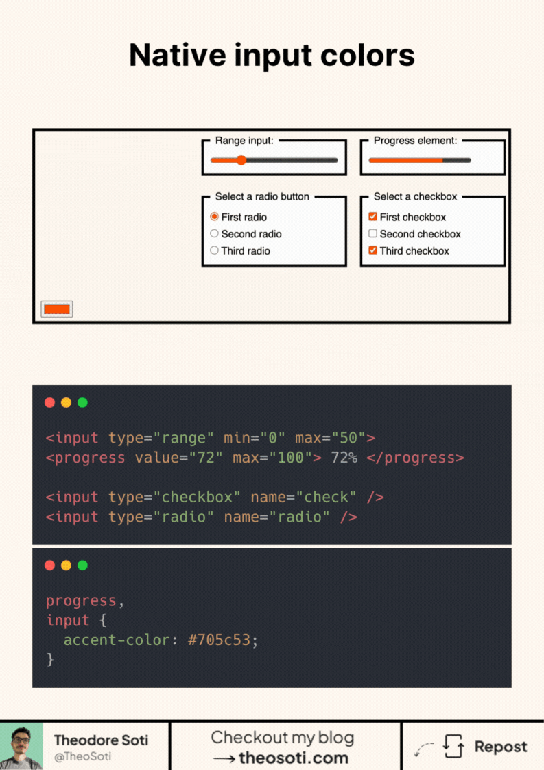 Styled native checkboxes and inputs using CSS accent-color to match brand identity without extra code
