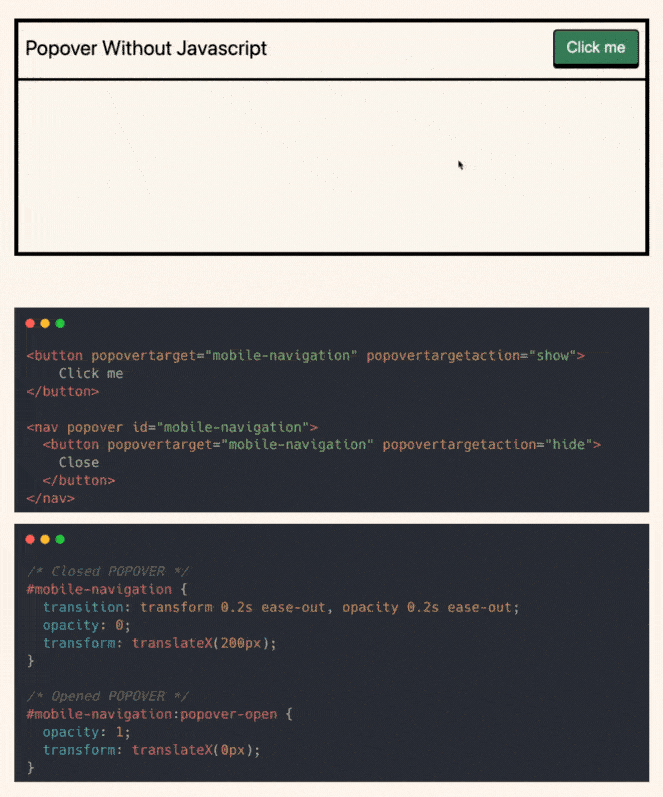 Example of a native HTML popover triggered with popovertarget, styled and functioning without JavaScript