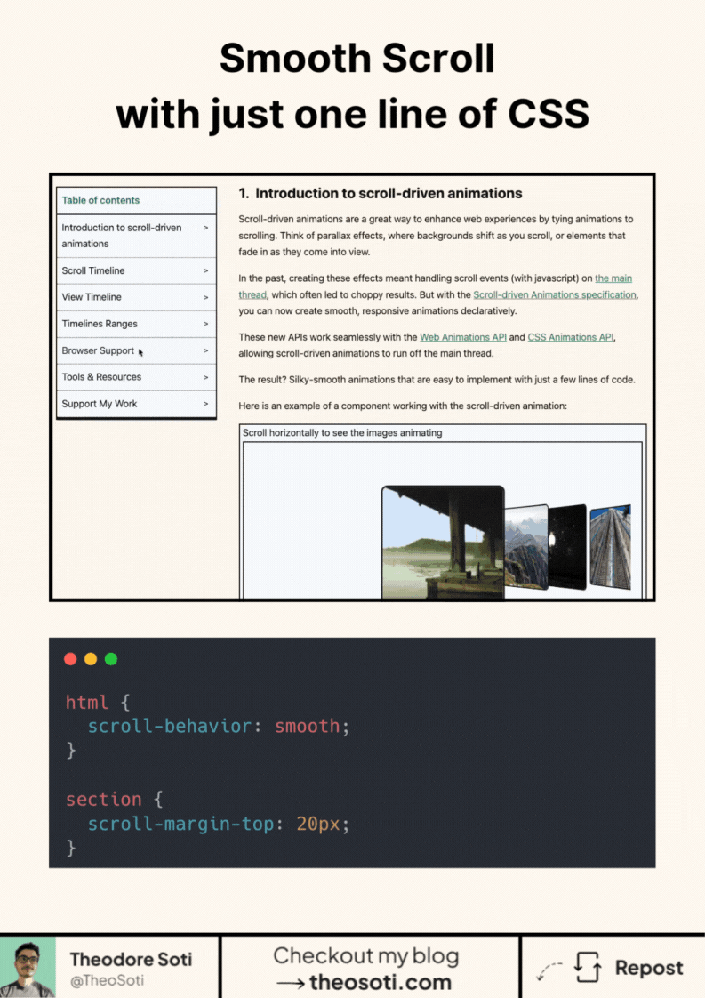 Example of smooth anchor link scrolling using CSS scroll-behavior and scroll-margin-top for better UX