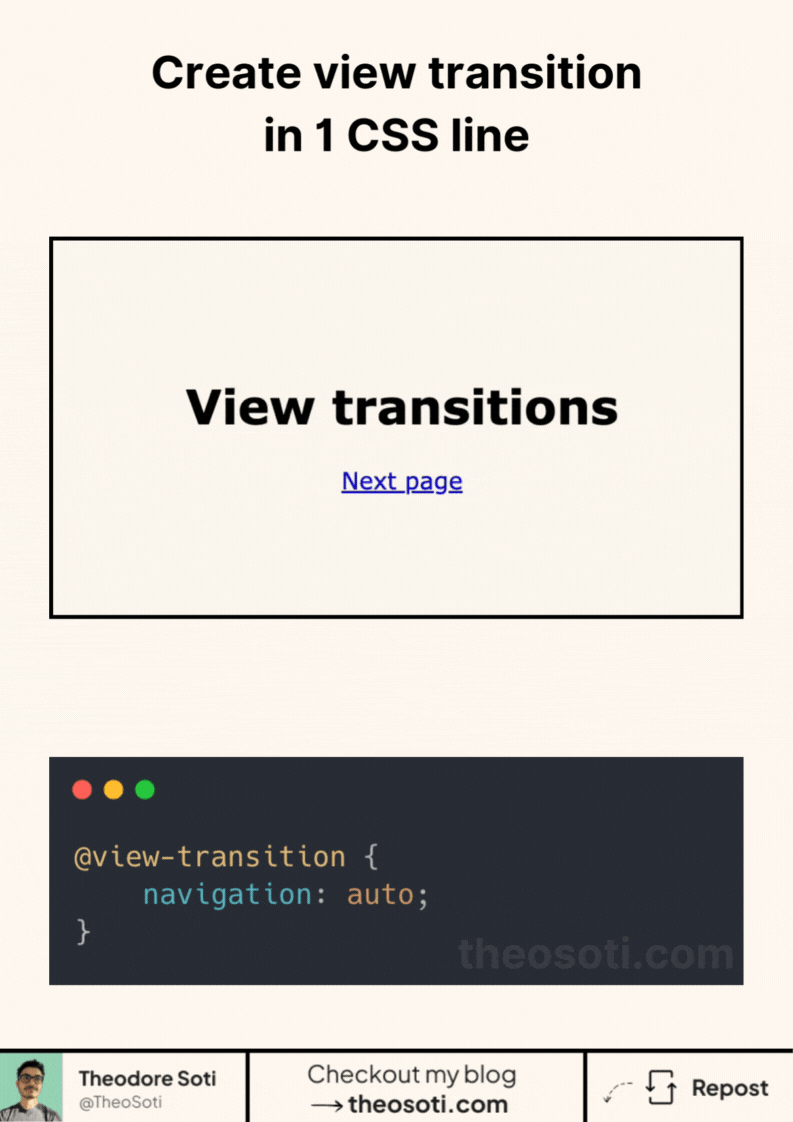 Example of smooth page-to-page crossfade using the CSS @view-transition property for enhanced UX