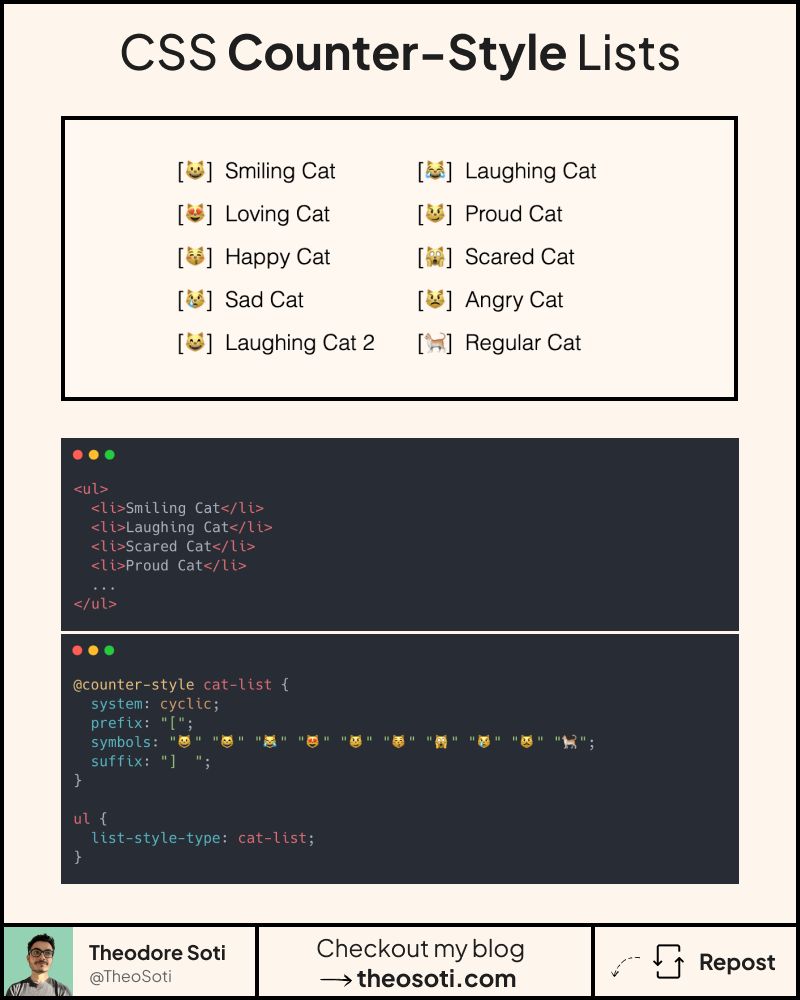 Illustration of custom CSS list bullets using emojis and symbols