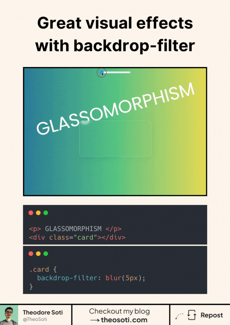 CSS backdrop-filter creating a frosted glass card effect with background blur.
