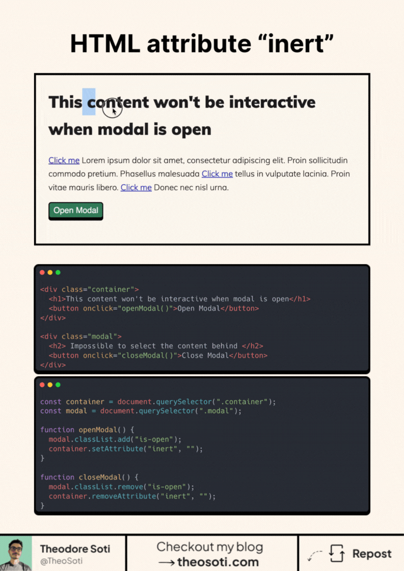 Example of modal using HTML inert attribute to disable background