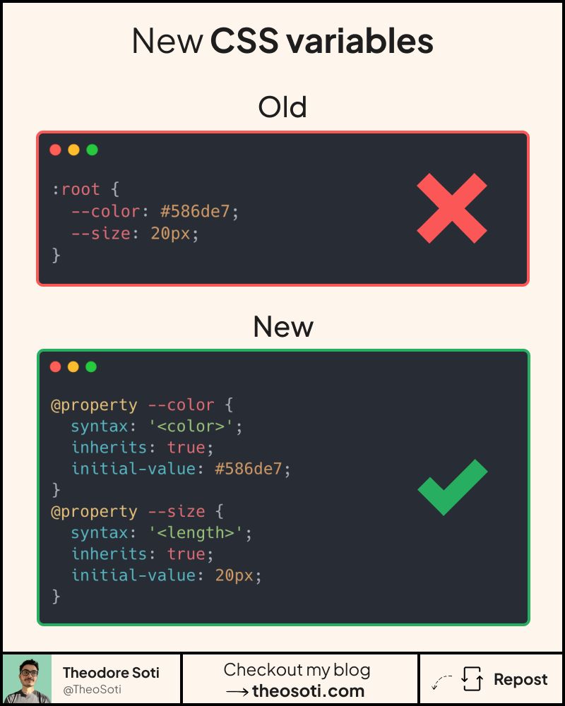 Code example showing CSS @property animating a custom variable