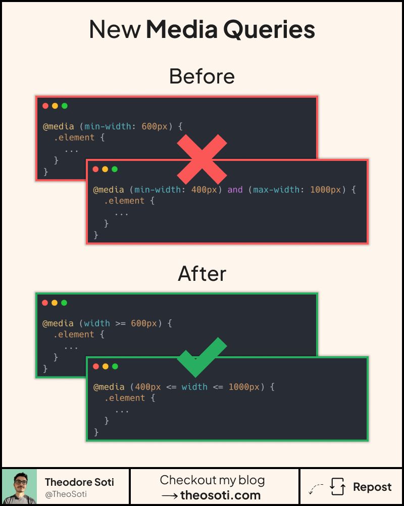 Example showing new CSS media query range syntax with operators