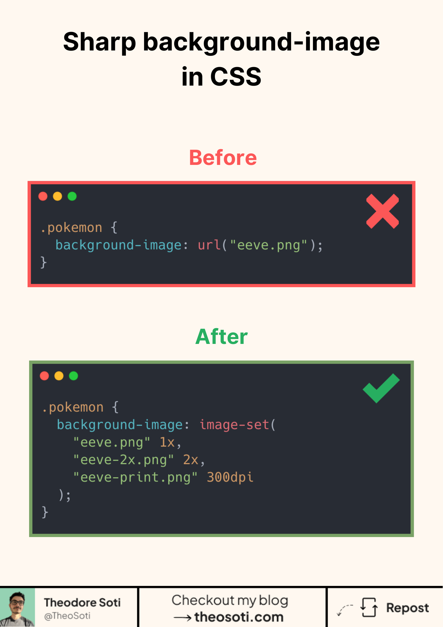 CSS background using image-set() showing crisp images on retina displays and optimized files on regular screens.