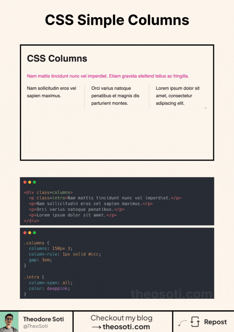 CSS multi-column layout example using the columns property with gaps and separators.