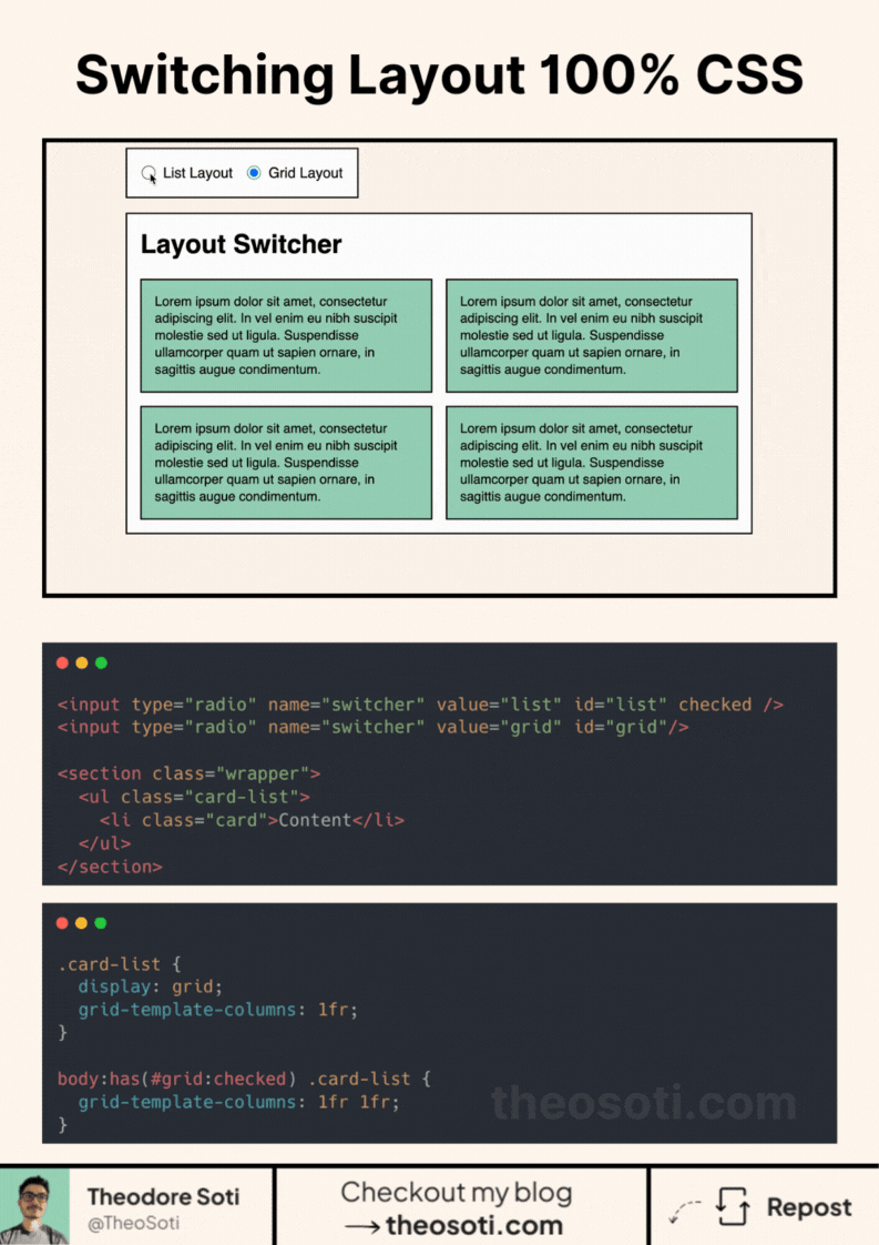 CSS example showing layout change using :has and :checked selectors