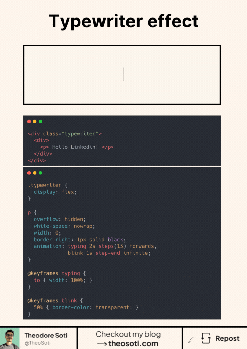CSS typing animation effect showing text being revealed character by character with a blinking caret.