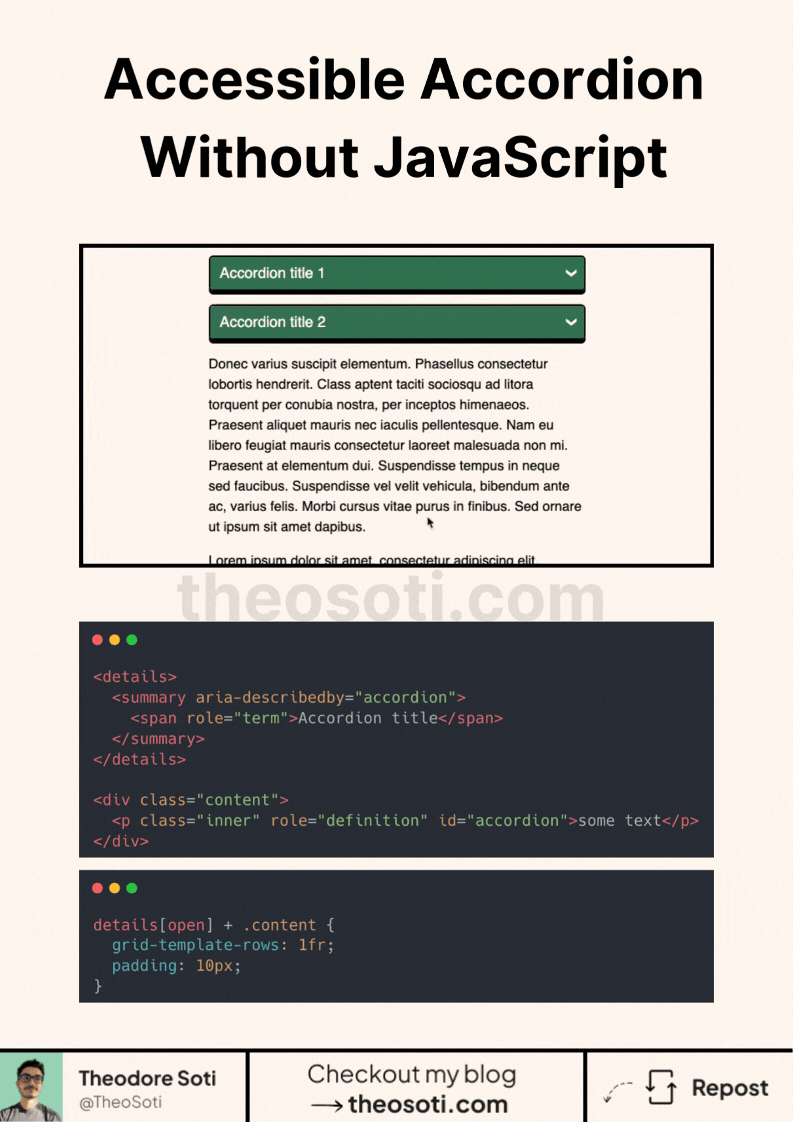 An accordion opening and closing smoothly using the native details and summary elements