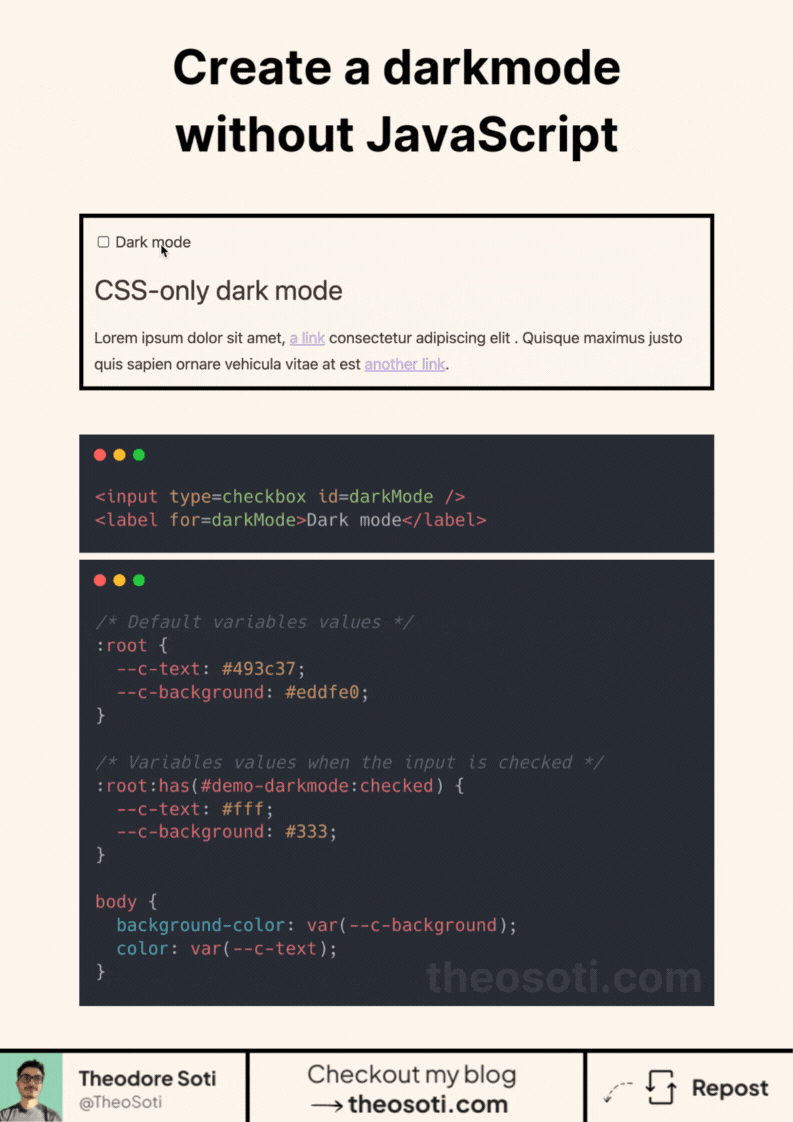 A website switching between light and dark themes using only HTML and CSS