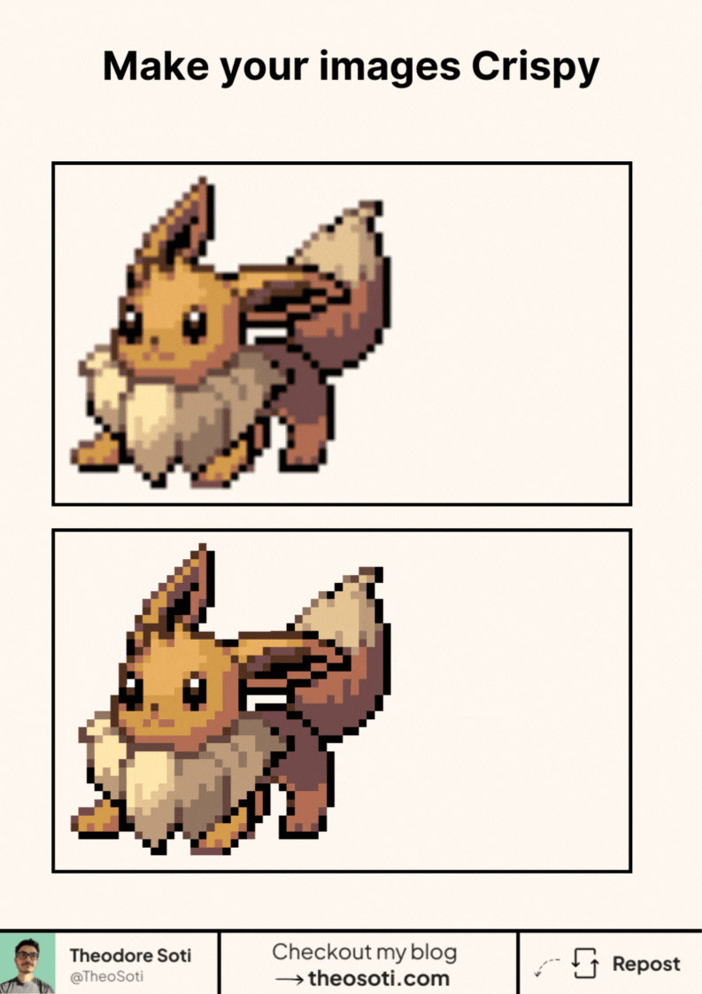 Upscaled pixel art example showing sharp, blocky edges preserved with CSS image-rendering: pixelated.