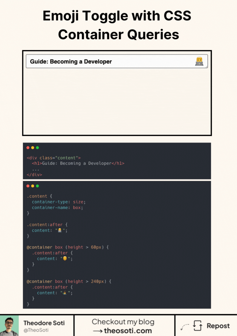 CSS container queries example showing a component that changes state based on its parent container’s height.
