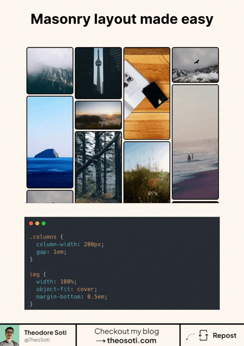 Masonry-style image grid built with CSS column-width showing responsive multi-column layout.